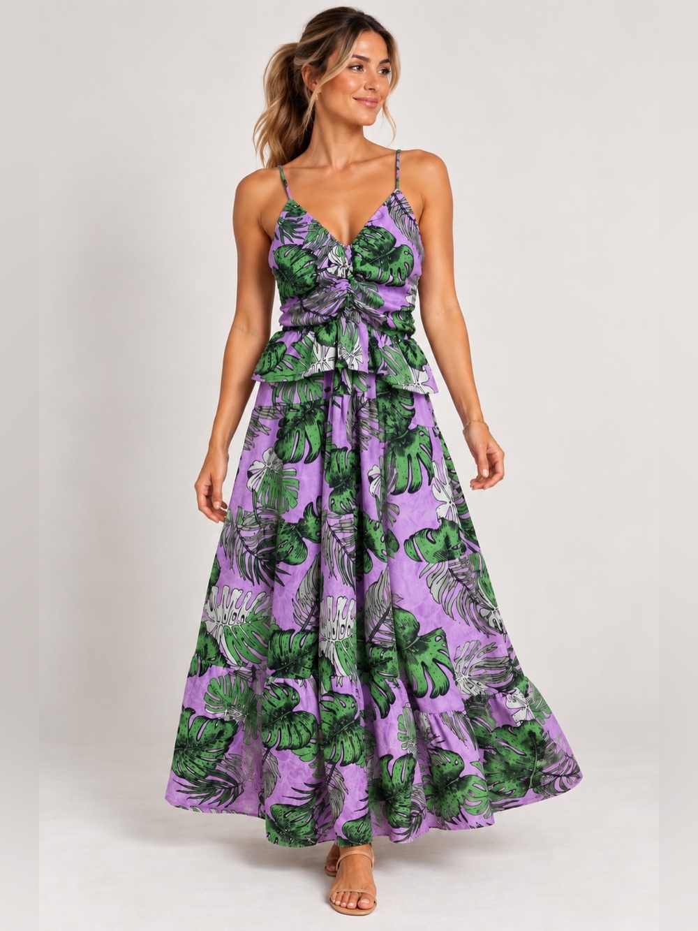 NSR NWT  Purple Green Tropical Floral Leaf Ruffle Tiered Chiffon Maxi Dress Sz S